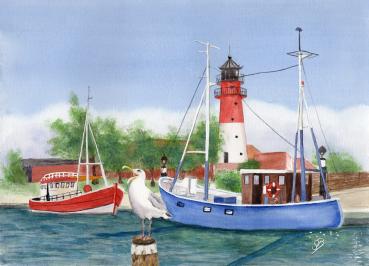Poster DIN-A4 Aquarell Maritim Kunst Druck Kunstdruck Nordsee Büsum Leuchtturm Hafen Strand Meer